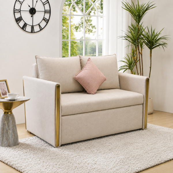 Blaine sofa cum bed styled in a modern living room with gold accents