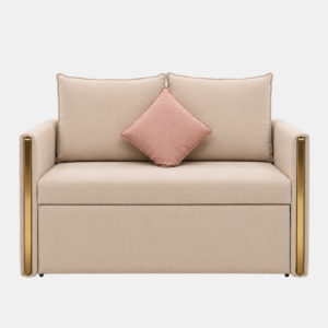Blaine beige sofa cum bed with gold arm accents, front view