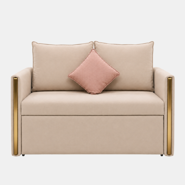 Blaine beige sofa cum bed with gold arm accents, front view
