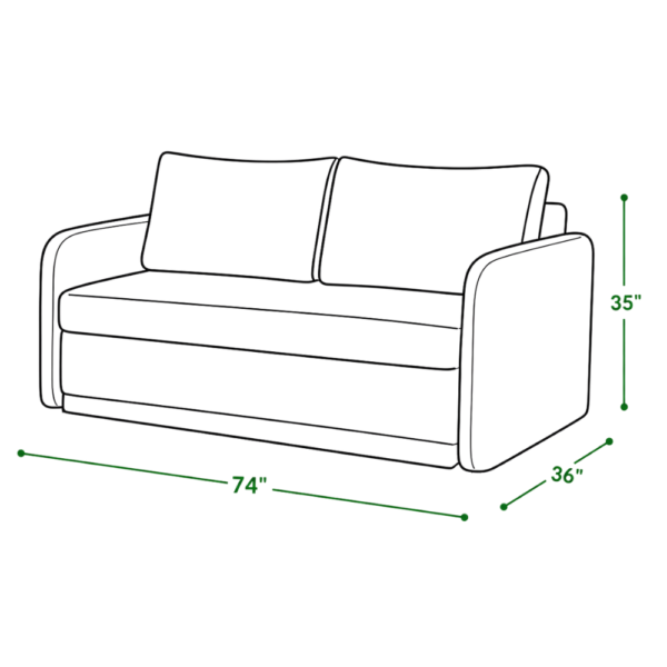 Berry sofa cum bed dimensions — 74 inch width, 36 inch depth, 35 inch height
