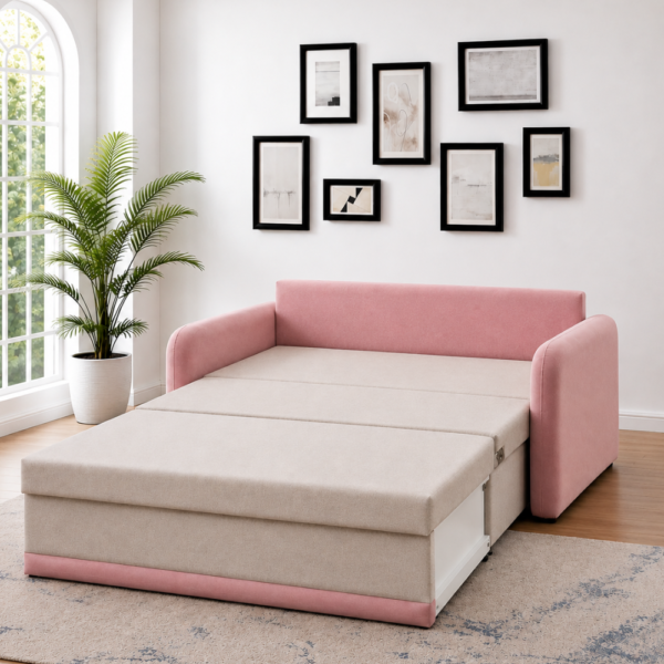 Berry sofa cum bed converted into a spacious bed showing pull-out storage drawer