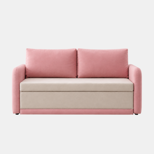 Berry pink and cream sofa cum bed with storage, front view