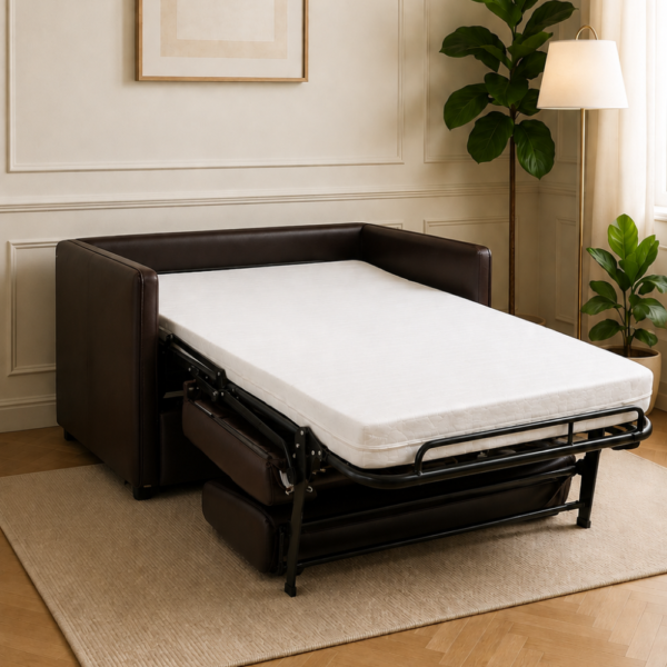 Polo sofa cum bed converted into a bed showing metal pull-out mechanism