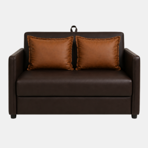 Polo brown leatherette sofa cum bed with tan cushions, front view