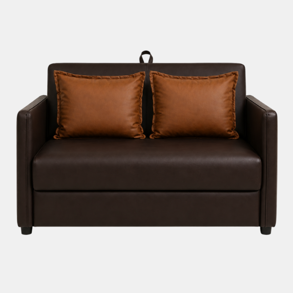 Polo brown leatherette sofa cum bed with tan cushions, front view