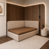 Boston Diwan Cum Bed installed in modern bedroom corner with wooden panel wall and ambient lighting