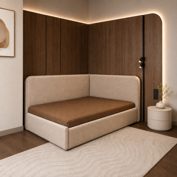 Boston Diwan Cum Bed installed in modern bedroom corner with wooden panel wall and ambient lighting