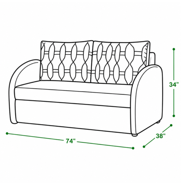 Mr. D sofa cum bed dimensions — 74 inch width, 38 inch depth, 34 inch height