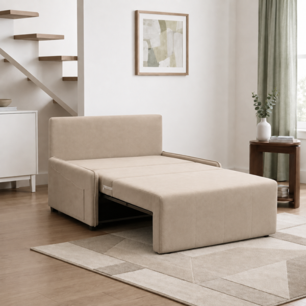 Liam sofa cum bed converted into a bed showing pull-out storage compartment