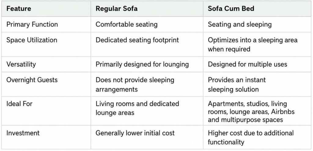Sofa Cum Bed vs Regular Sofa comparison table showing differences in function, space utilization, versatility, overnight guests, ideal use, and investment.