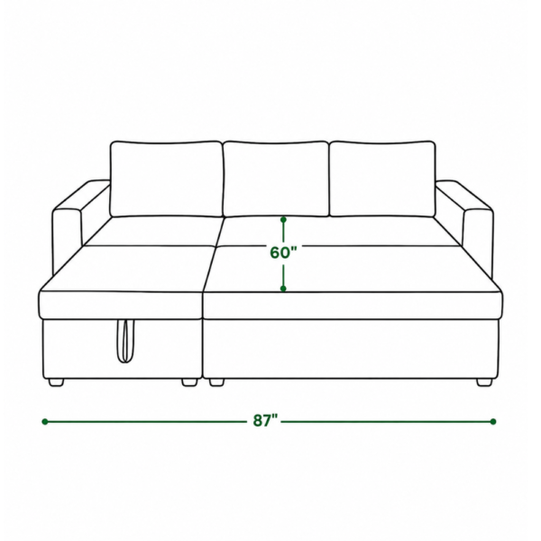 Corner sofa bed size chart – 87 inches long, 60 inch bed width
