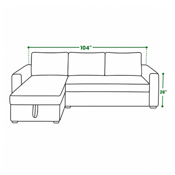 Corner sofa bed dimensions – 104 inches wide, 26 inches high