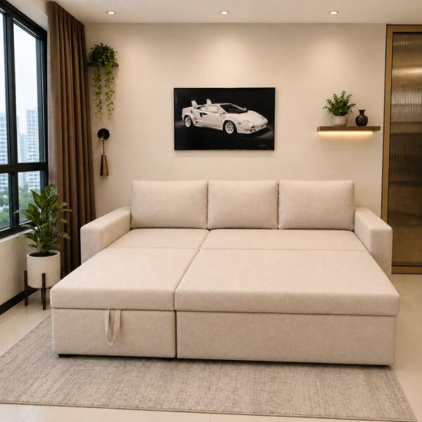 Corner sofa bed converted into a spacious bed in living room