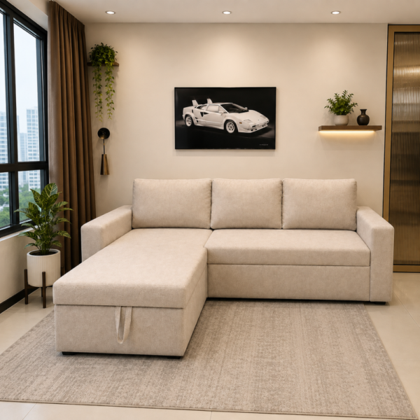 Beige corner sofa bed in modern Delhi NCR living room setup