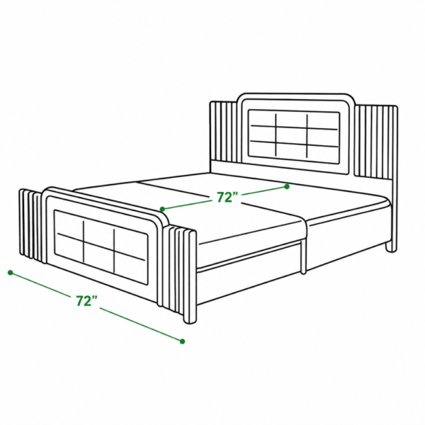 Line drawing of wooden diwan cum bed in Ghaziabad showing 72x72 inch dimensions in expanded bed mode