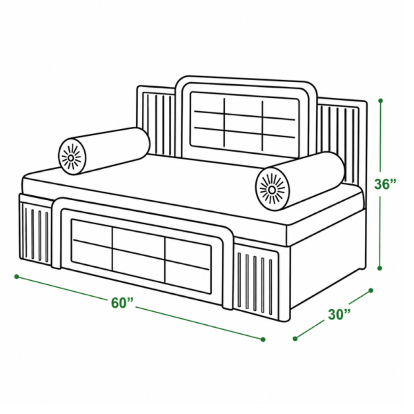 Line drawing of wooden diwan cum bed in Ghaziabad showing 60x30x36 inch dimensions in sofa mode
