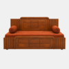 Wooden diwan cum bed in Ghaziabad with storage drawers and orange cushions on white background