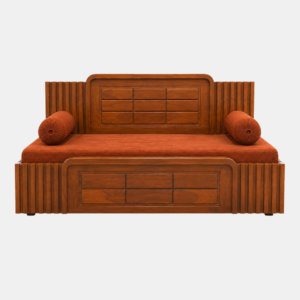 Wooden diwan cum bed in Ghaziabad with storage drawers and orange cushions on white background