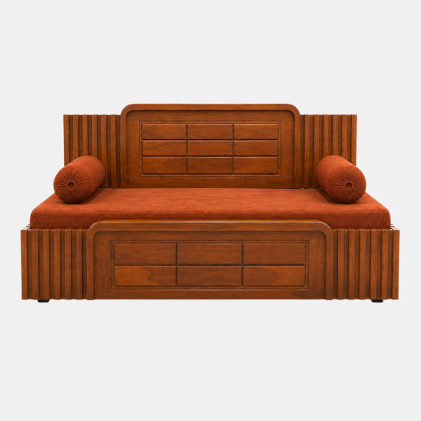 Wooden diwan cum bed in Ghaziabad with storage drawers and orange cushions on white background