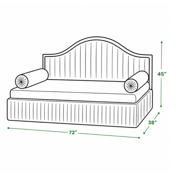 Line drawing of Blush diwan cum bed showing 72 inch length, 38 inch depth, 45 inch height in sofa mode