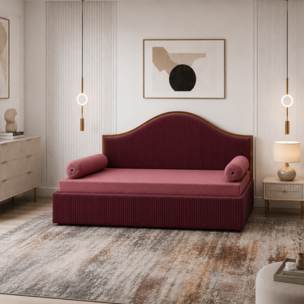 Blush diwan cum bed expanded into a double bed styled in a modern Janakpuri bedroom with pendant lights