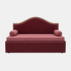 Blush velvet diwan cum bed in Dwarka with curved gold-trim headboard and pink bolster cushions on white background