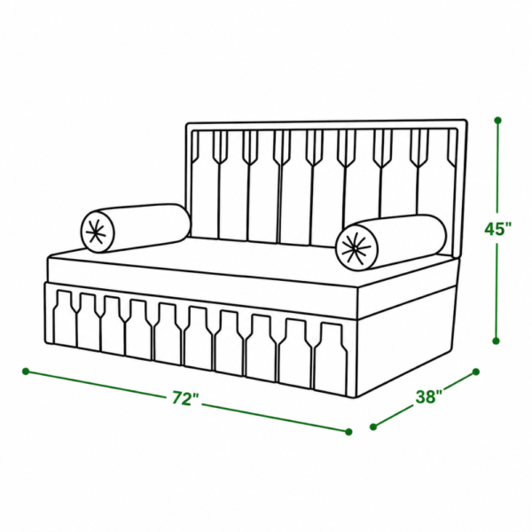 Line drawing of Ivory diwan bed showing 72 inch length, 38 inch depth, 45 inch height in sofa mode