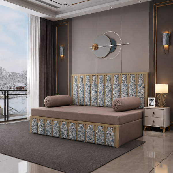 Ivory luxury diwan sofa bed in Punjabi Bagh styled as a daybed in an upscale bedroom with gold accents
