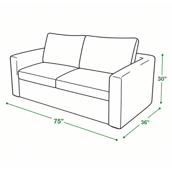 Blu sofa cum bed dimensions showing 75 inch width 36 inch depth and 30 inch height
