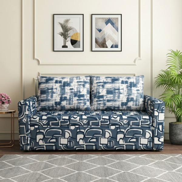Blu modern patterned sofa cum bed in a stylish living room