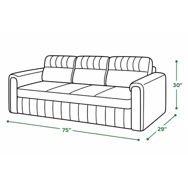 Levi sofa cum bed dimensions showing 75 inch width 29 inch depth and 30 inch height