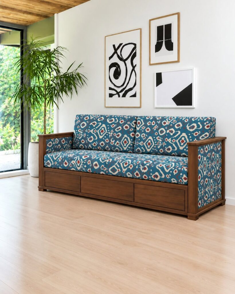 Wooden Sofa Cum Bed with blue printed upholstery and storage drawers from Relax Sofa Cum Bed, Kirti Nagar, Delhi