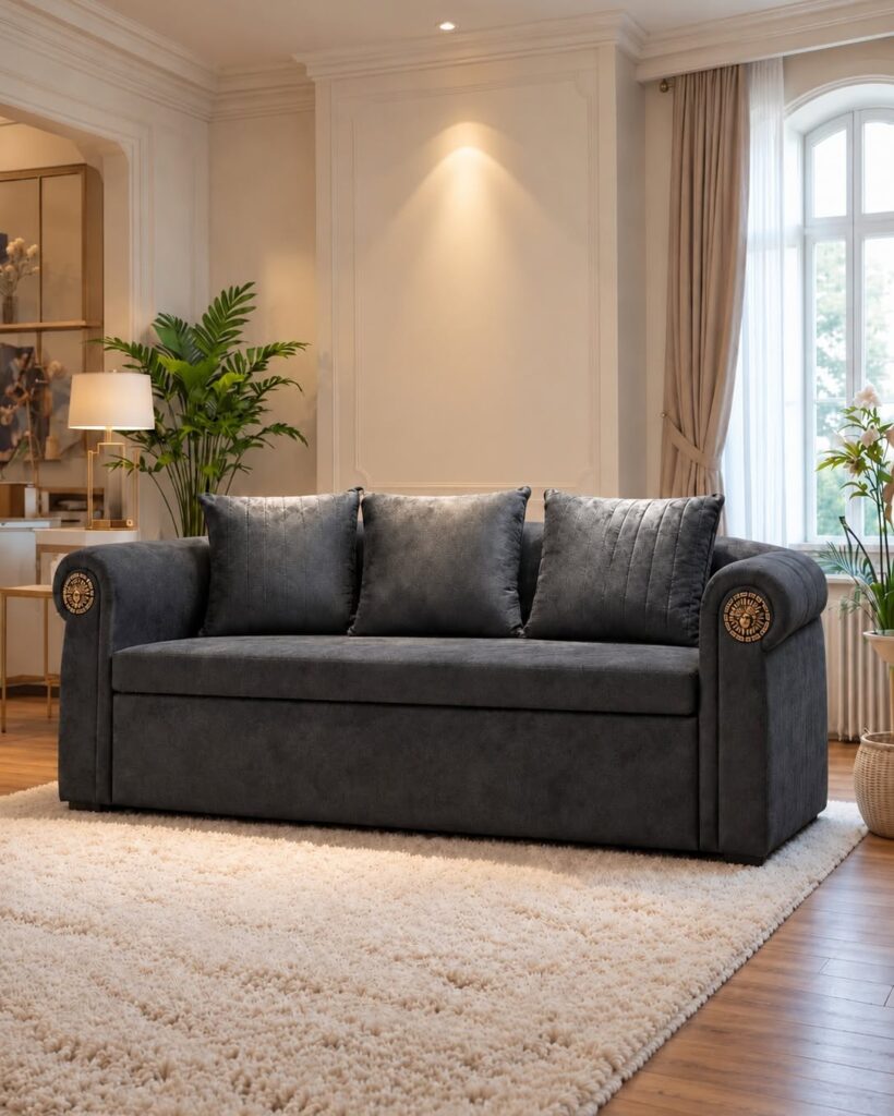 Charcoal grey Sofa Cum Bed with cushioned rolled arms from Relax Sofa Cum Bed, Delhi