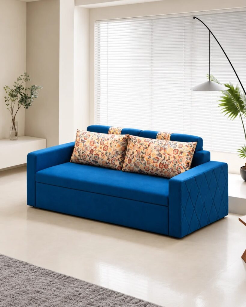 Blue Sofa Cum Bed with floral cushions from Relax Sofa Cum Bed, Kirti Nagar, New Delhi