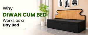 Black diwan cum bed with a woven cane headboard in a modern beige living room, showcasing its use as a comfortable day bed.