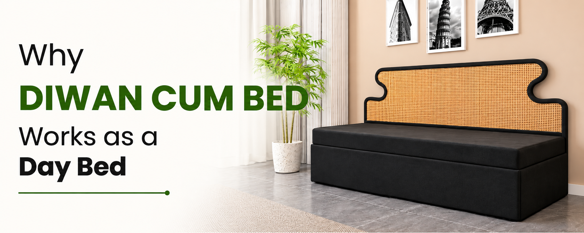 Black diwan cum bed with a woven cane headboard in a modern beige living room, showcasing its use as a comfortable day bed.
