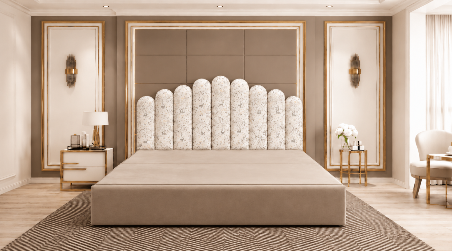 Premium beige upholstered bed with elegant scalloped headboard in a luxury bedroom by Relax Sofa Cum Bed, Kirti Nagar, Delhi