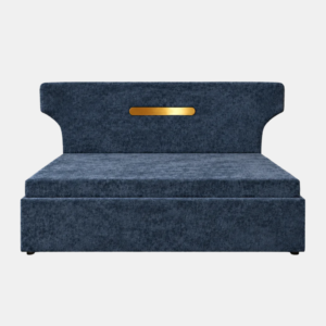 Zane Diwan Cum Bed in navy-blue patterned upholstery with a distinctive headboard and gold accent
