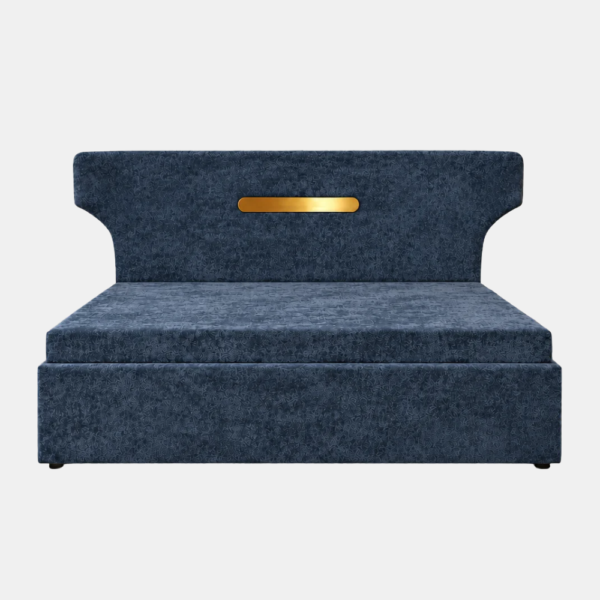 Zane Diwan Cum Bed in navy-blue patterned upholstery with a distinctive headboard and gold accent