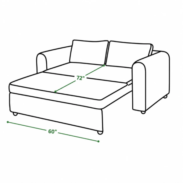 Rega Sofa Cum Bed extended configuration with illustrated 72-inch sleeping length and 60-inch width