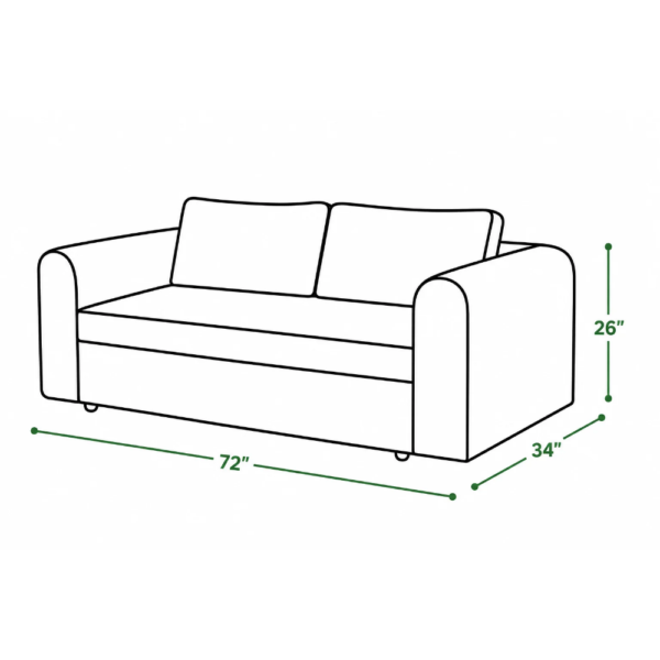 Rega Sofa Cum Bed dimension drawing showing 72-inch width, 34-inch depth, and 26-inch height