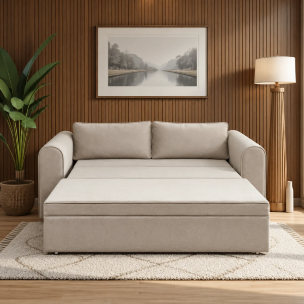 Rega beige Sofa Cum Bed extended into a bed with a spacious cushioned sleeping surface