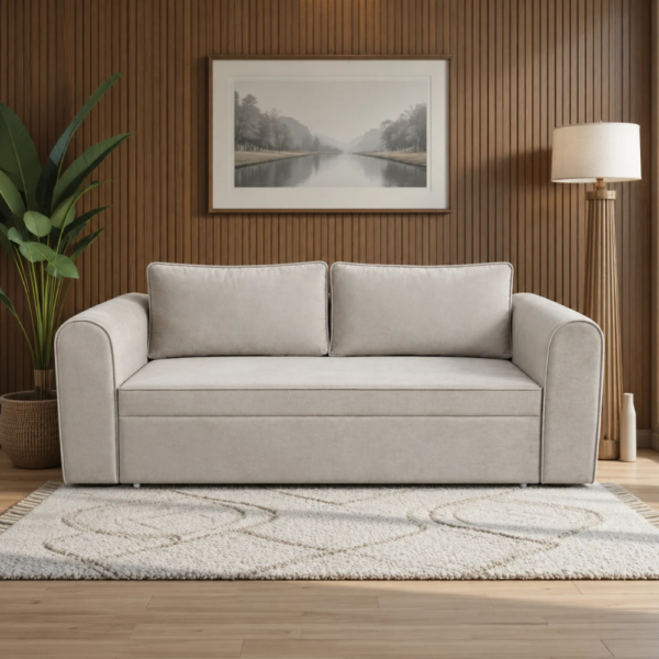 Rega beige Sofa Cum Bed styled in a modern living room with a wooden accent wall and cream rug