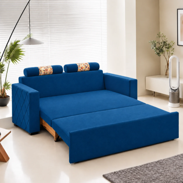 Orion blue sofa cum bed opened into a bed with an extended sleeping surface