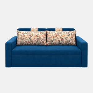 Orion blue sofa cum bed with floral cushions and modern upholstered design
