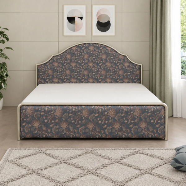 Canvas diwan cum bed with curved floral headboard and matching upholstered footboard