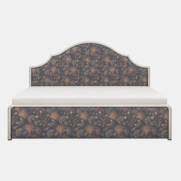 Canvas diwan cum bed with curved headboard and floral patterned upholstery
