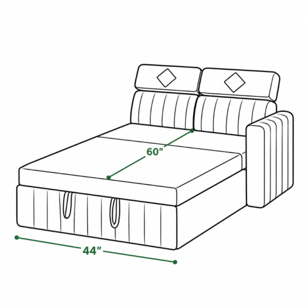 Rocco sofa cum bed technical drawing in extended bed position showing a 44-inch width and 60-inch sleeping surface depth.