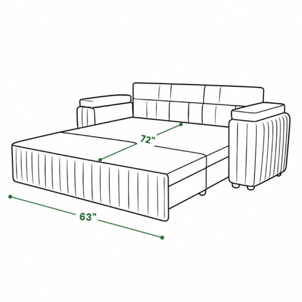 Technical line drawing of the Rex sofa cum bed in bed mode, showing a 72-inch sleeping depth and a 63-inch front width.