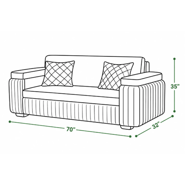 Technical line drawing of the Rex sofa cum bed showing dimensions of 70 inches wide, 32 inches deep, and 35 inches high.